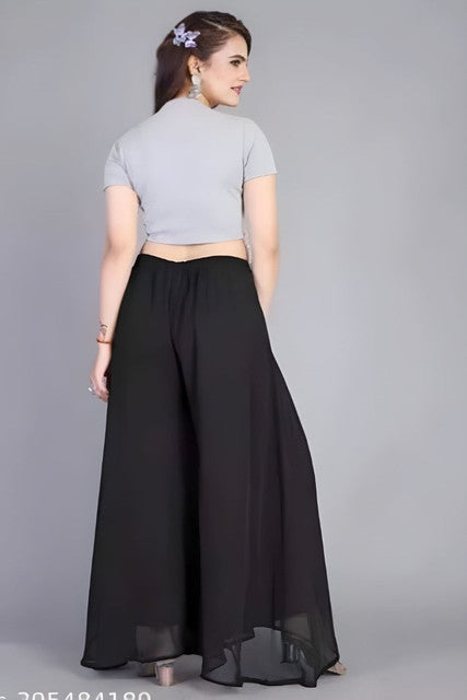 Women's Pack of 1 Georgette Solid High Rise Wide Leg Flared Palazzo with Elastic Waist (Black)
