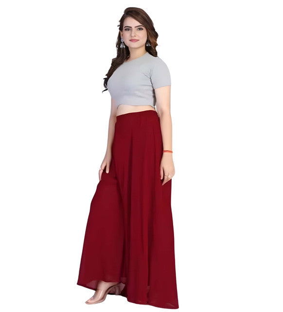 Women's Pack of 1 Georgette Solid High Rise Wide Leg Flared Palazzo with Elastic Waist (Maroon)