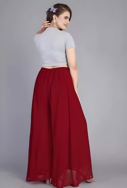 Women's Pack of 1 Georgette Solid High Rise Wide Leg Flared Palazzo with Elastic Waist (Maroon)