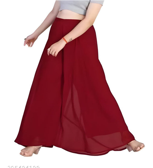 Women's Pack of 1 Georgette Solid High Rise Wide Leg Flared Palazzo with Elastic Waist (Maroon)