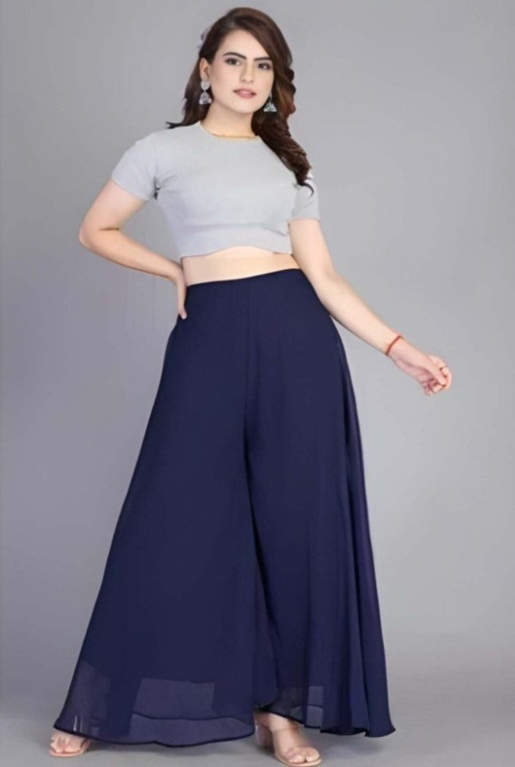 Women's Pack of 1 Georgette Solid High Rise Wide Leg Flared Palazzo with Elastic Waist (Navy Blue)