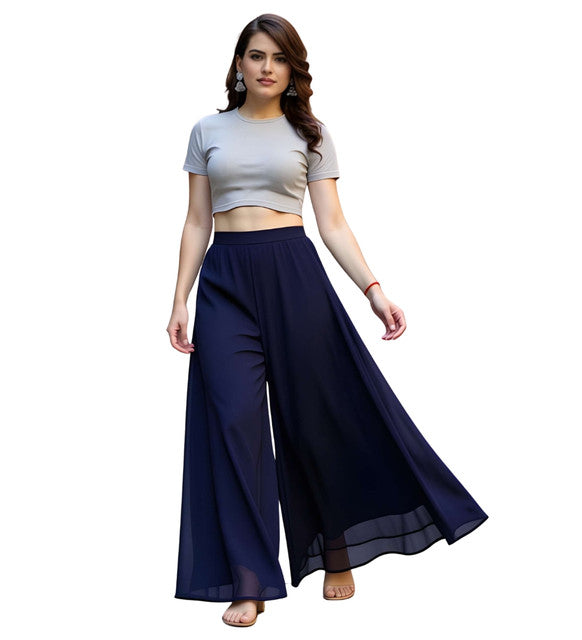 Women's Pack of 1 Georgette Solid High Rise Wide Leg Flared Palazzo with Elastic Waist (Navy Blue)