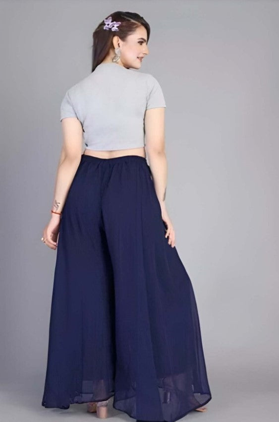 Women's Pack of 1 Georgette Solid High Rise Wide Leg Flared Palazzo with Elastic Waist (Navy Blue)