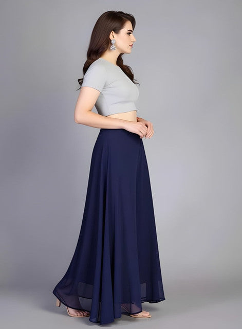 Women's Pack of 1 Georgette Solid High Rise Wide Leg Flared Palazzo with Elastic Waist (Navy Blue)