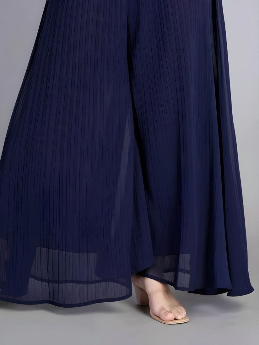 Women's Pack of 1 Georgette Solid High Rise Wide Leg Flared Palazzo with Elastic Waist (Navy Blue)
