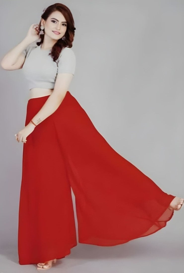 Women's Pack of 1 Georgette Solid High Rise Wide Leg Flared Palazzo with Elastic Waist (Red)