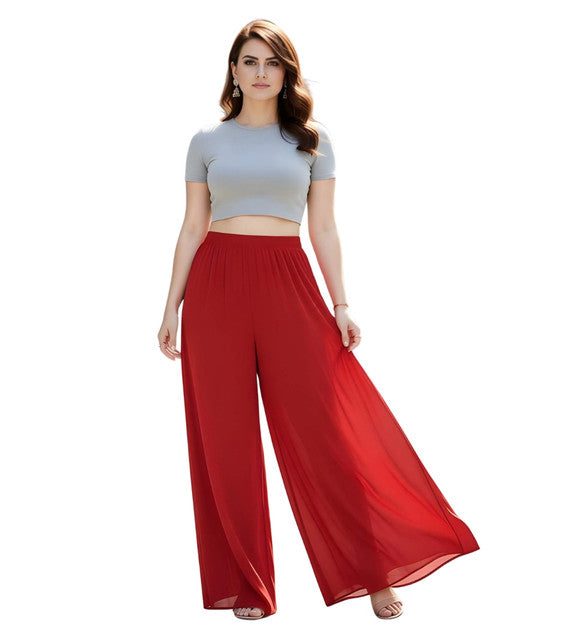 Women's Pack of 1 Georgette Solid High Rise Wide Leg Flared Palazzo with Elastic Waist (Red)
