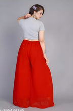 Women's Pack of 1 Georgette Solid High Rise Wide Leg Flared Palazzo with Elastic Waist (Red)