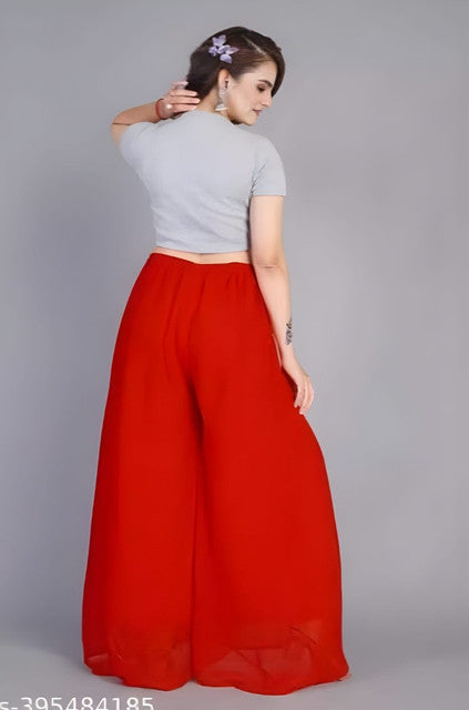 Women's Pack of 1 Georgette Solid High Rise Wide Leg Flared Palazzo with Elastic Waist (Red)