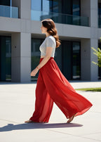 Women's Pack of 1 Georgette Solid High Rise Wide Leg Flared Palazzo with Elastic Waist (Red)