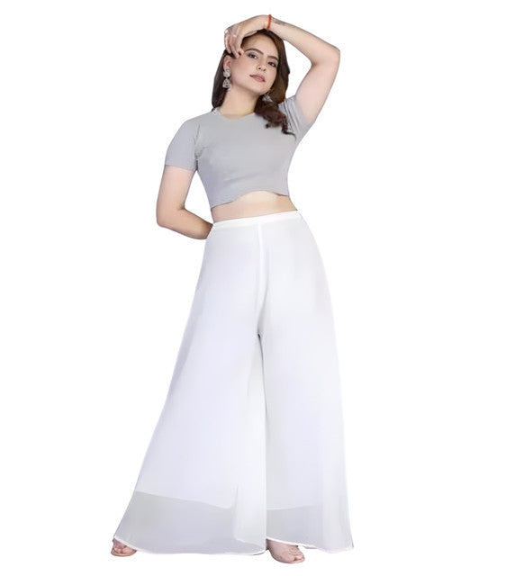 Women's Pack of 1 Georgette Solid High Rise Wide Leg Flared Palazzo with Elastic Waist (White)