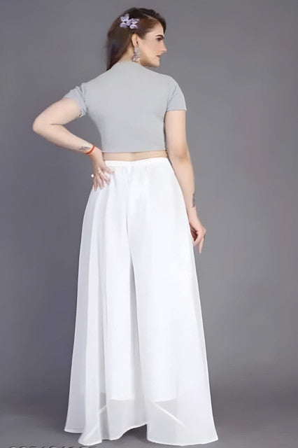 Women's Pack of 1 Georgette Solid High Rise Wide Leg Flared Palazzo with Elastic Waist (White)