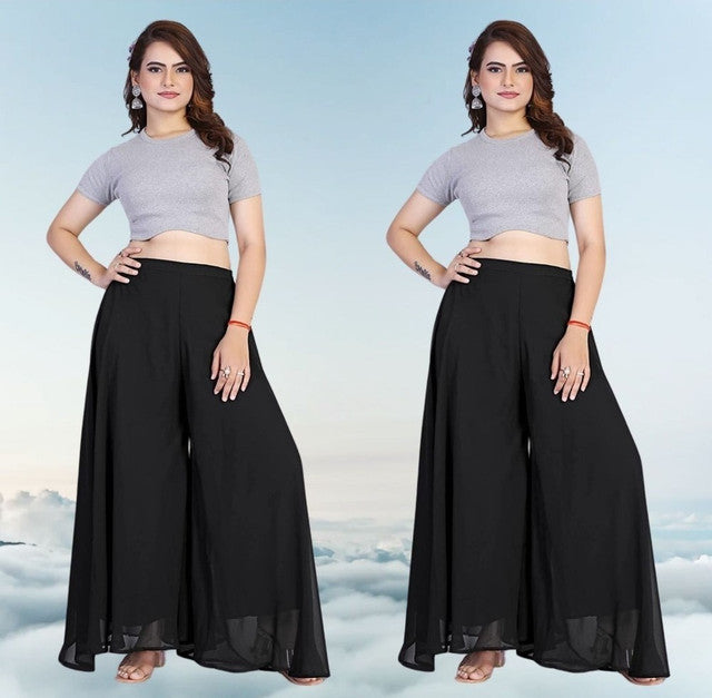 Women's Pack of 2 Georgette Solid High Rise Wide Leg Flared Palazzos with Elastic Waist (Black)