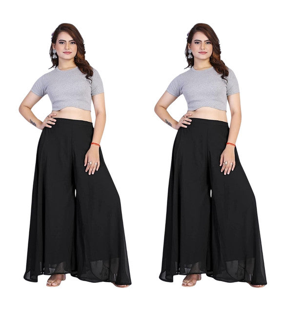 Women's Pack of 2 Georgette Solid High Rise Wide Leg Flared Palazzos with Elastic Waist (Black)