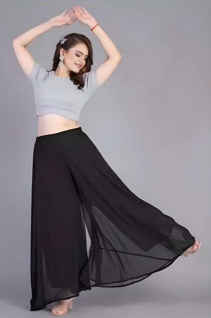 Women's Pack of 2 Georgette Solid High Rise Wide Leg Flared Palazzos with Elastic Waist (Black)