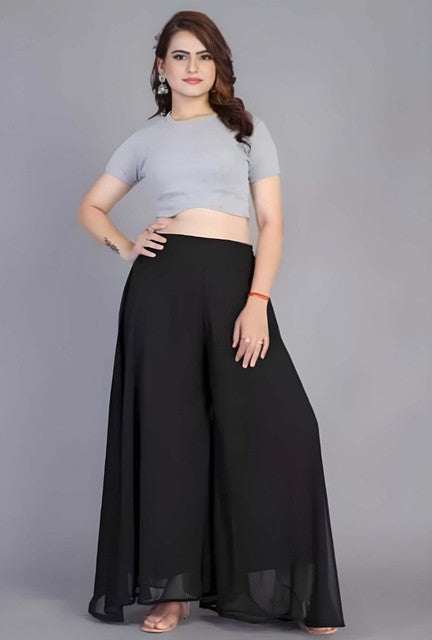 Women's Pack of 2 Georgette Solid High Rise Wide Leg Flared Palazzos with Elastic Waist (Black)