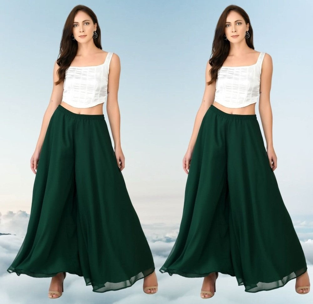 Women's Pack of 2 Georgette Solid High Rise Wide Leg Flared Palazzos with Elastic Waist (Bottle Green)