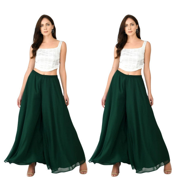 Women's Pack of 2 Georgette Solid High Rise Wide Leg Flared Palazzos with Elastic Waist (Bottle Green)
