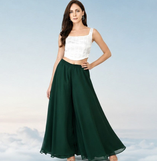 Women's Pack of 2 Georgette Solid High Rise Wide Leg Flared Palazzos with Elastic Waist (Bottle Green)