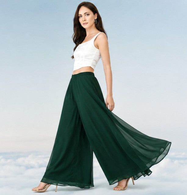 Women's Pack of 2 Georgette Solid High Rise Wide Leg Flared Palazzos with Elastic Waist (Bottle Green)