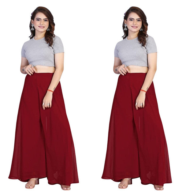 Women's Pack of 2 Georgette Solid High Rise Wide Leg Flared Palazzos with Elastic Waist (Maroon)