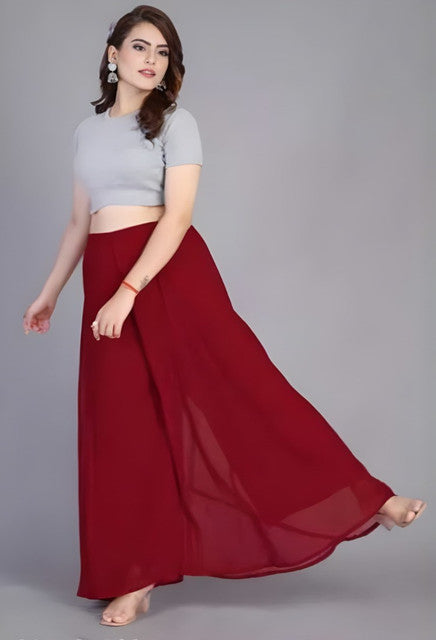 Women's Pack of 2 Georgette Solid High Rise Wide Leg Flared Palazzos with Elastic Waist (Maroon)