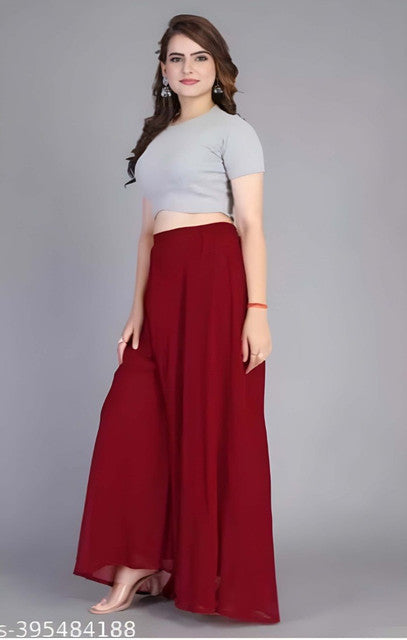 Women's Pack of 2 Georgette Solid High Rise Wide Leg Flared Palazzos with Elastic Waist (Maroon)