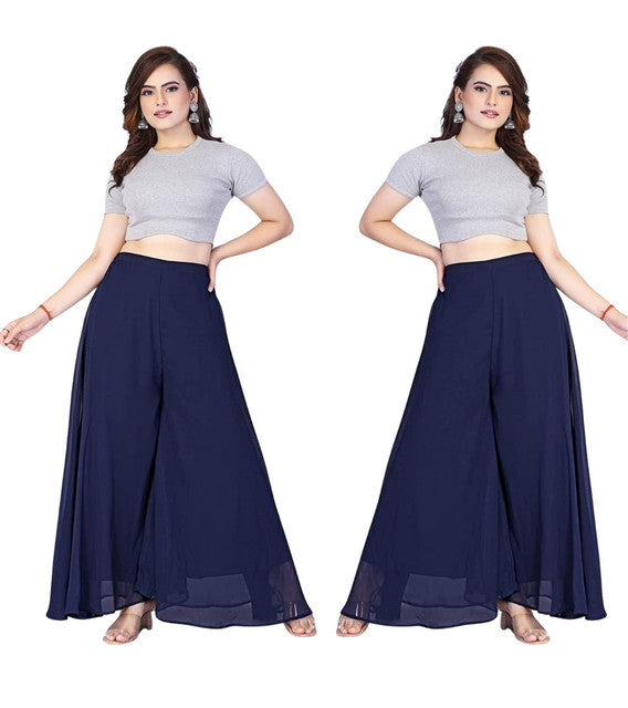 Women's Pack of 2 Georgette Solid High Rise Wide Leg Flared Palazzos with Elastic Waist (Navy Blue)