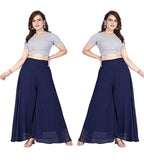 Women's Pack of 2 Georgette Solid High Rise Wide Leg Flared Palazzos with Elastic Waist (Navy Blue)