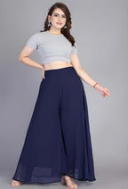 Women's Pack of 2 Georgette Solid High Rise Wide Leg Flared Palazzos with Elastic Waist (Navy Blue)