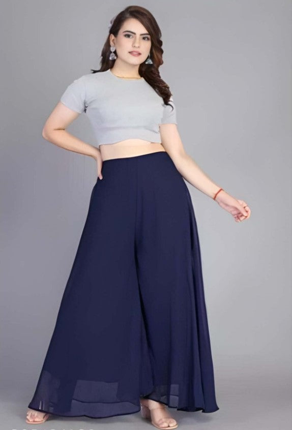 Women's Pack of 2 Georgette Solid High Rise Wide Leg Flared Palazzos with Elastic Waist (Navy Blue)