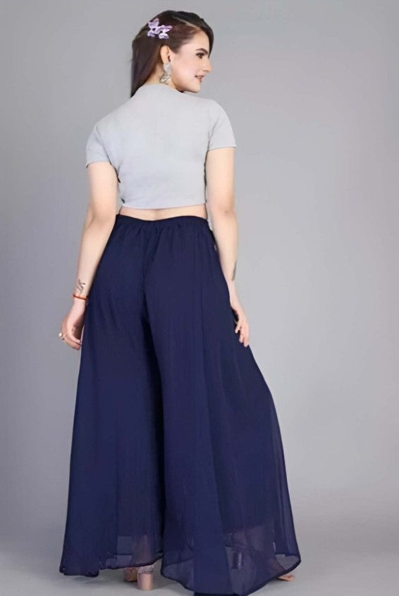 Women's Pack of 2 Georgette Solid High Rise Wide Leg Flared Palazzos with Elastic Waist (Navy Blue)