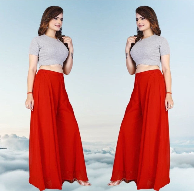 Women's Pack of 2 Georgette Solid High Rise Wide Leg Flared Palazzos with Elastic Waist (Red)