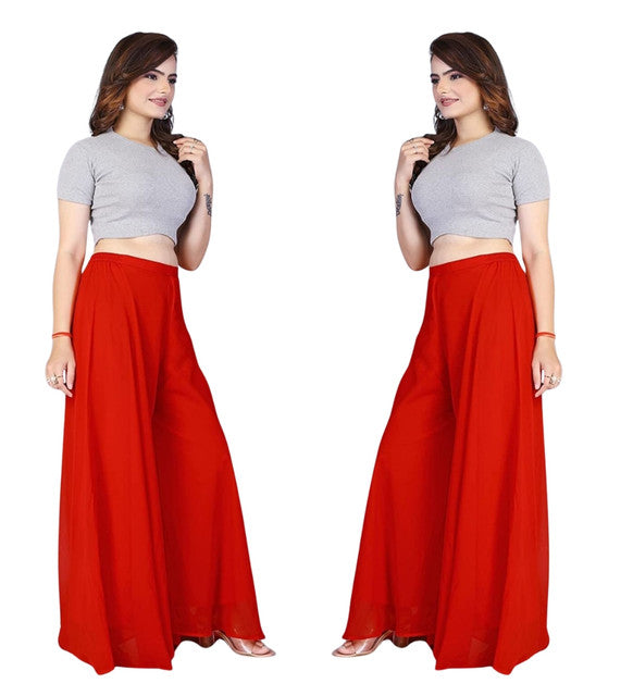 Women's Pack of 2 Georgette Solid High Rise Wide Leg Flared Palazzos with Elastic Waist (Red)