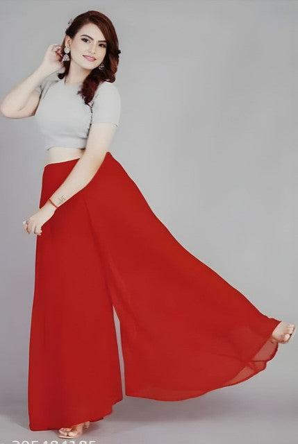 Women's Pack of 2 Georgette Solid High Rise Wide Leg Flared Palazzos with Elastic Waist (Red)