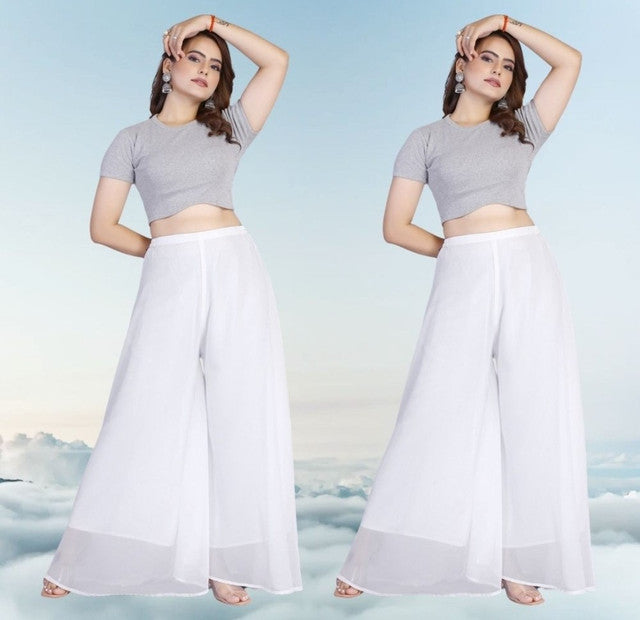 Women's Pack of 2 Georgette Solid High Rise Wide Leg Flared Palazzos with Elastic Waist (White)