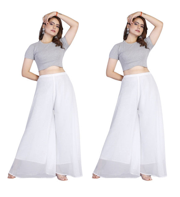 Women's Pack of 2 Georgette Solid High Rise Wide Leg Flared Palazzos with Elastic Waist (White)