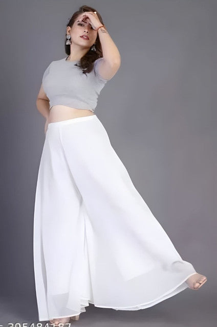 Women's Pack of 2 Georgette Solid High Rise Wide Leg Flared Palazzos with Elastic Waist (White)