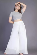 Women's Pack of 2 Georgette Solid High Rise Wide Leg Flared Palazzos with Elastic Waist (White)