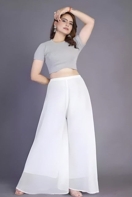 Women's Pack of 2 Georgette Solid High Rise Wide Leg Flared Palazzos with Elastic Waist (White)