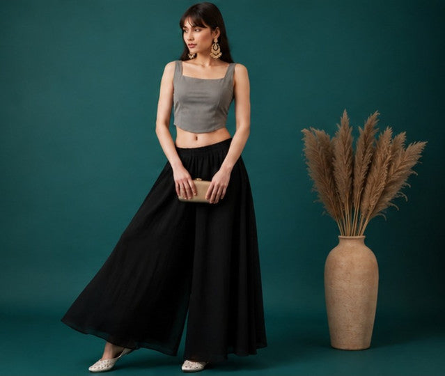 Women's Georgette Solid Mid-Rise Wide Leg Flared Palazzo with Elastic Waist (Black)