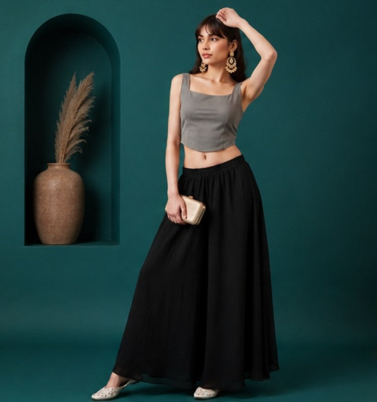 Women's Georgette Solid Mid-Rise Wide Leg Flared Palazzo with Elastic Waist (Black)