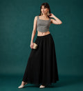 Women's Georgette Solid Mid-Rise Wide Leg Flared Palazzo with Elastic Waist (Black)