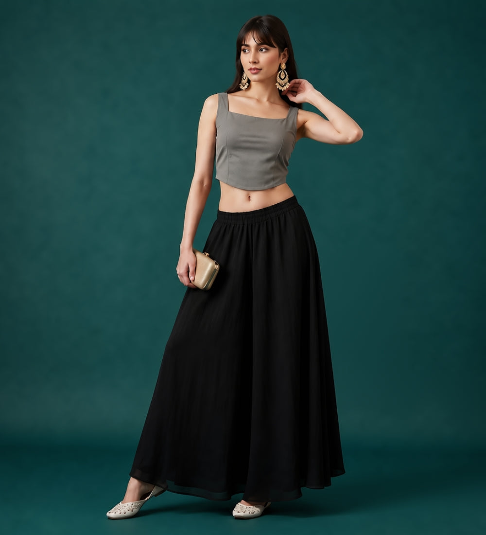Women's Georgette Solid Mid-Rise Wide Leg Flared Palazzo with Elastic Waist (Black)