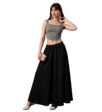 Women's Georgette Solid Mid-Rise Wide Leg Flared Palazzo with Elastic Waist (Black)