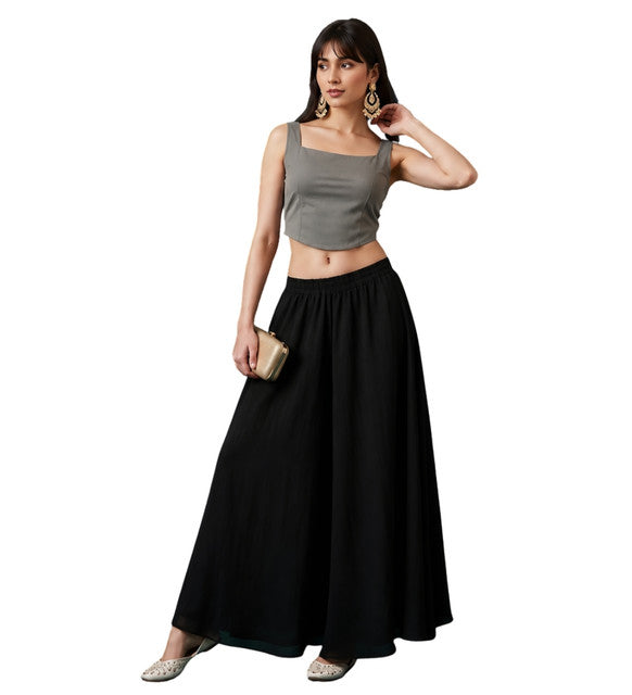 Women's Georgette Solid Mid-Rise Wide Leg Flared Palazzo with Elastic Waist (Black)