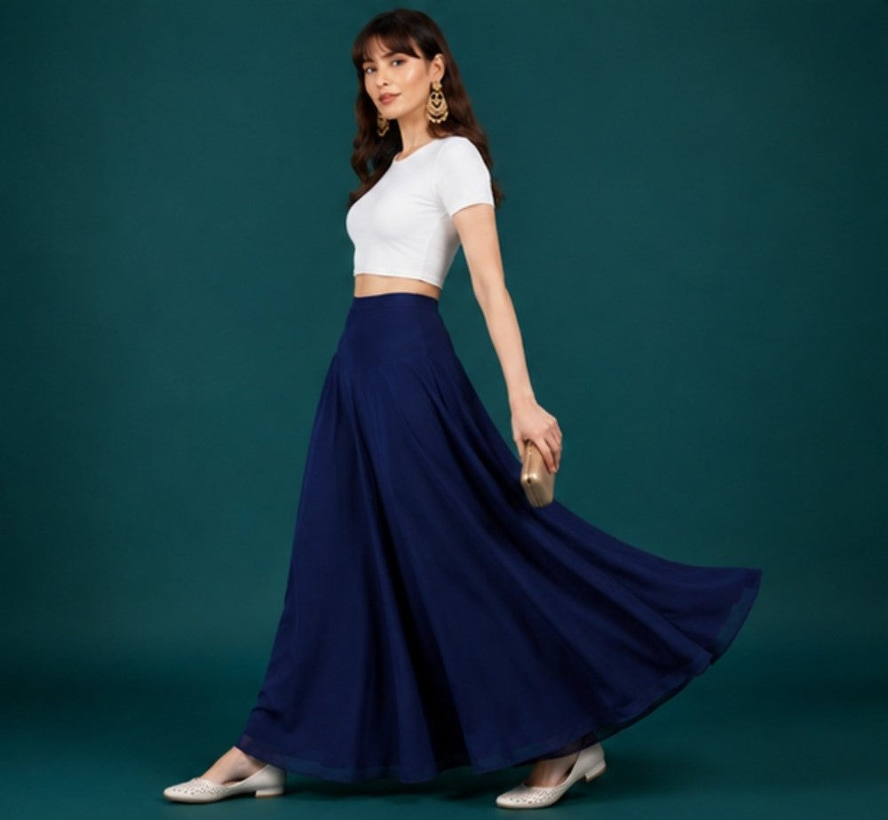 Women's Georgette Solid Mid-Rise Wide Leg Flared Palazzo with Elastic Waist (Navy Blue)