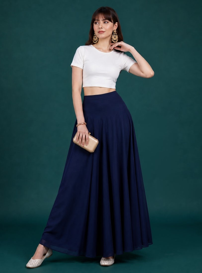 Women's Georgette Solid Mid-Rise Wide Leg Flared Palazzo with Elastic Waist (Navy Blue)