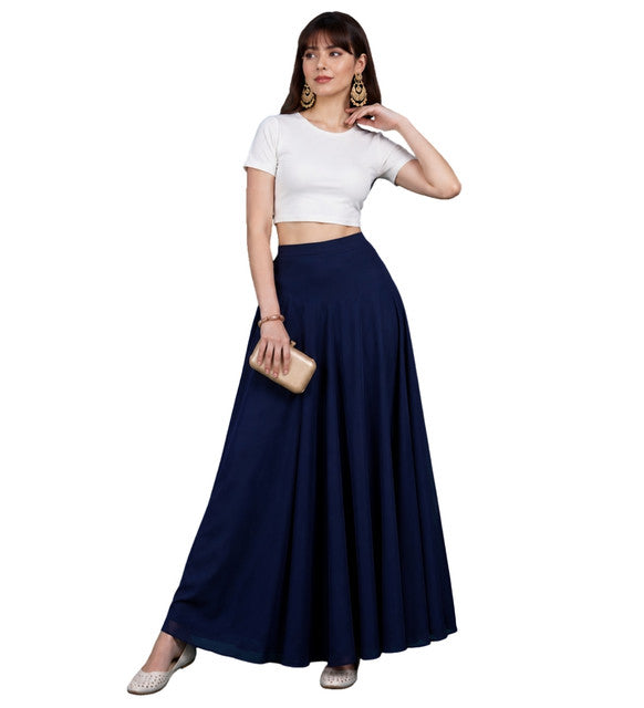 Women's Georgette Solid Mid-Rise Wide Leg Flared Palazzo with Elastic Waist (Navy Blue)