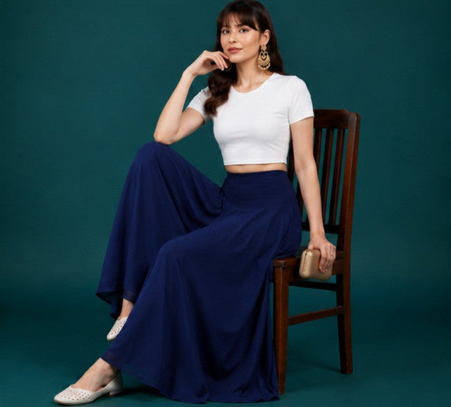Women's Georgette Solid Mid-Rise Wide Leg Flared Palazzo with Elastic Waist (Navy Blue)